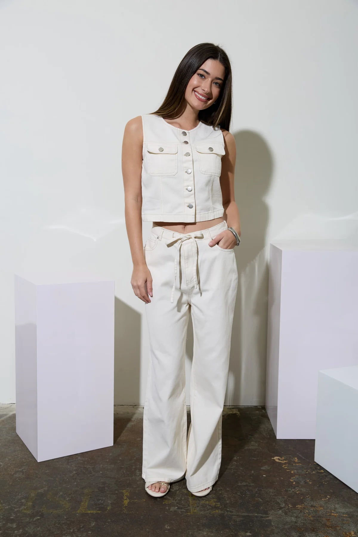 natalie white drawstring denim