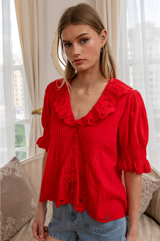 tomato red embroidered blouse