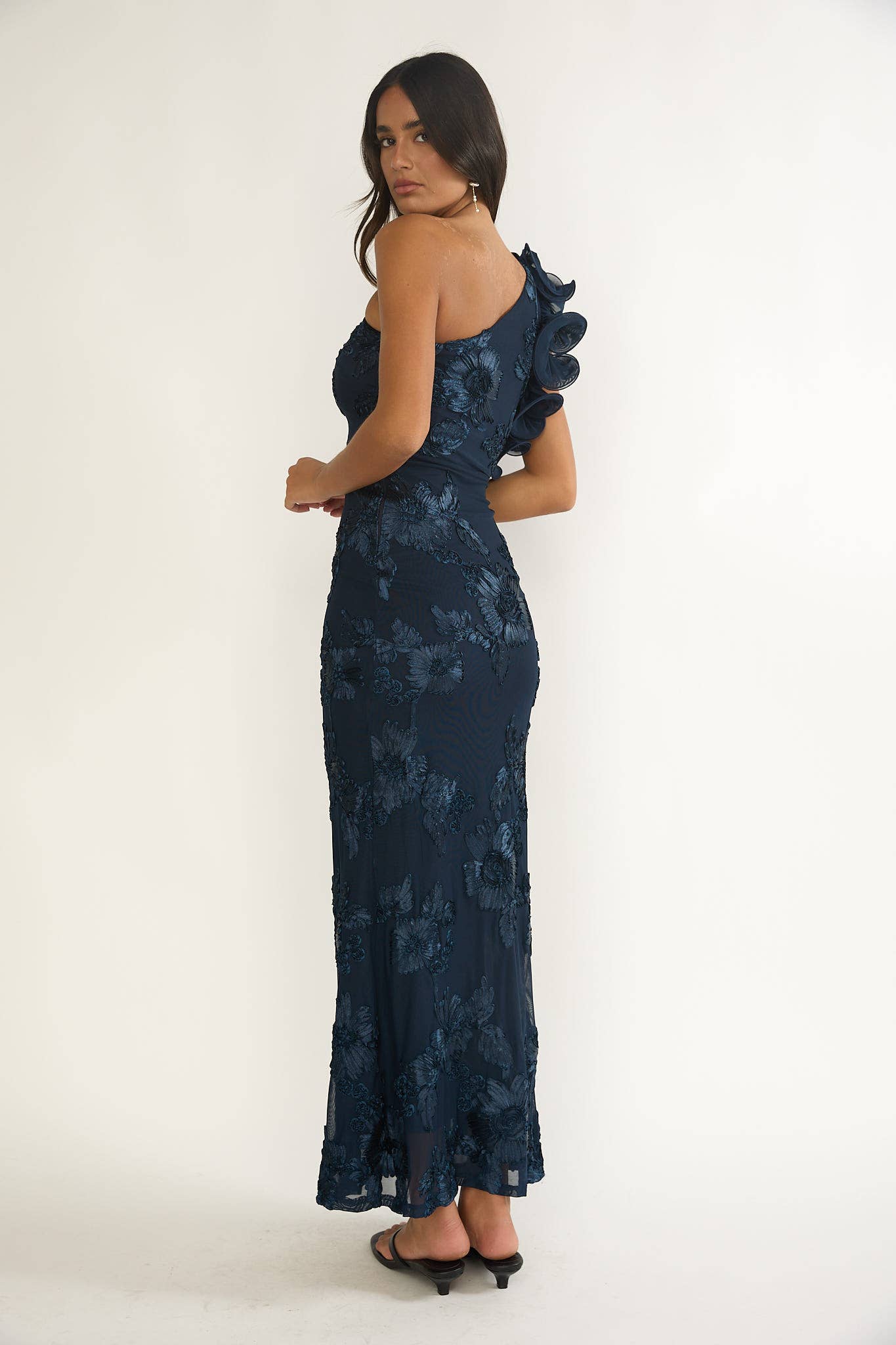 navy one shoulder floral maxi