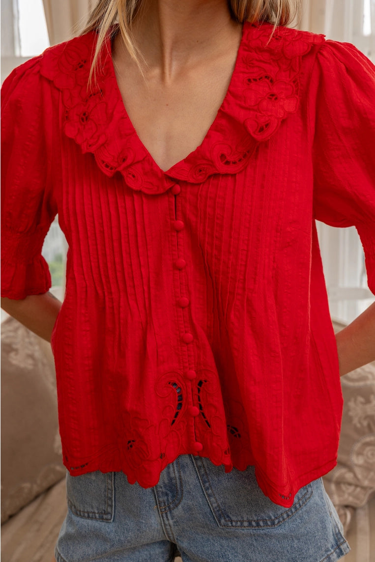 tomato red embroidered blouse
