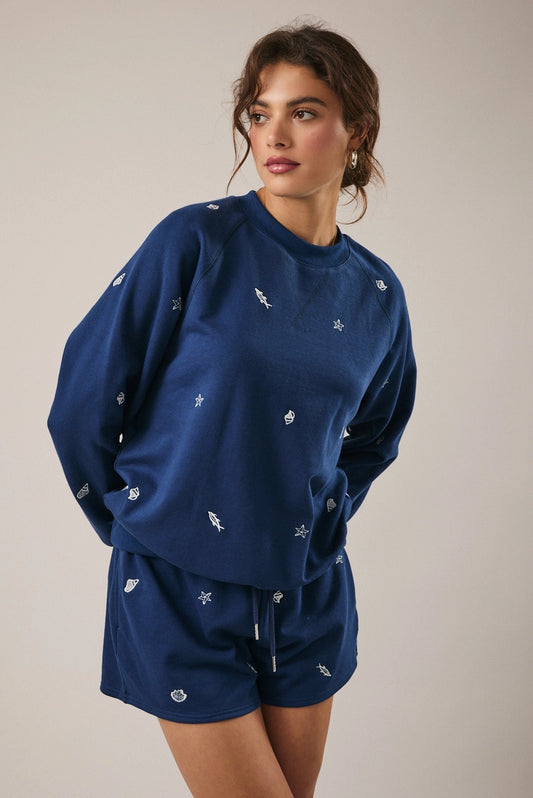 ocean blue embroidered crew