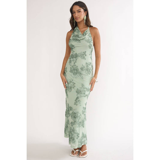 Aqua green floral embroidered maxi