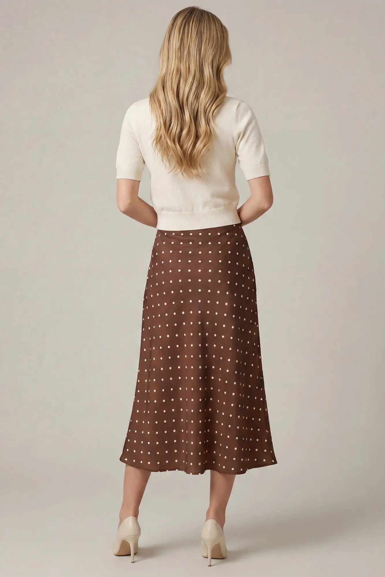 brown polka dot midi skirt