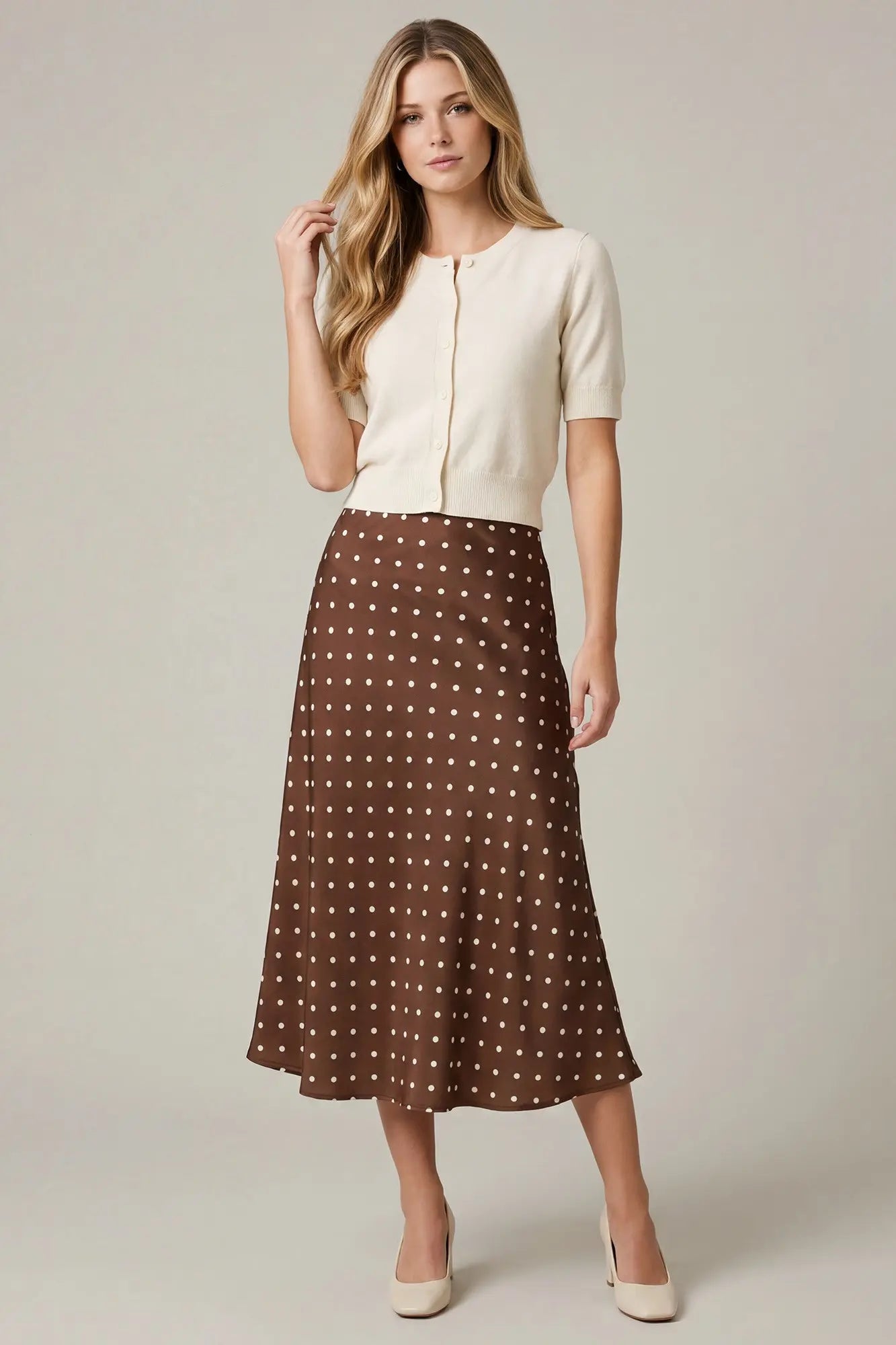 brown polka dot midi skirt