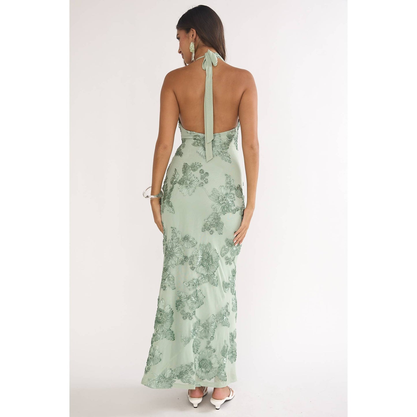 Aqua green floral embroidered maxi
