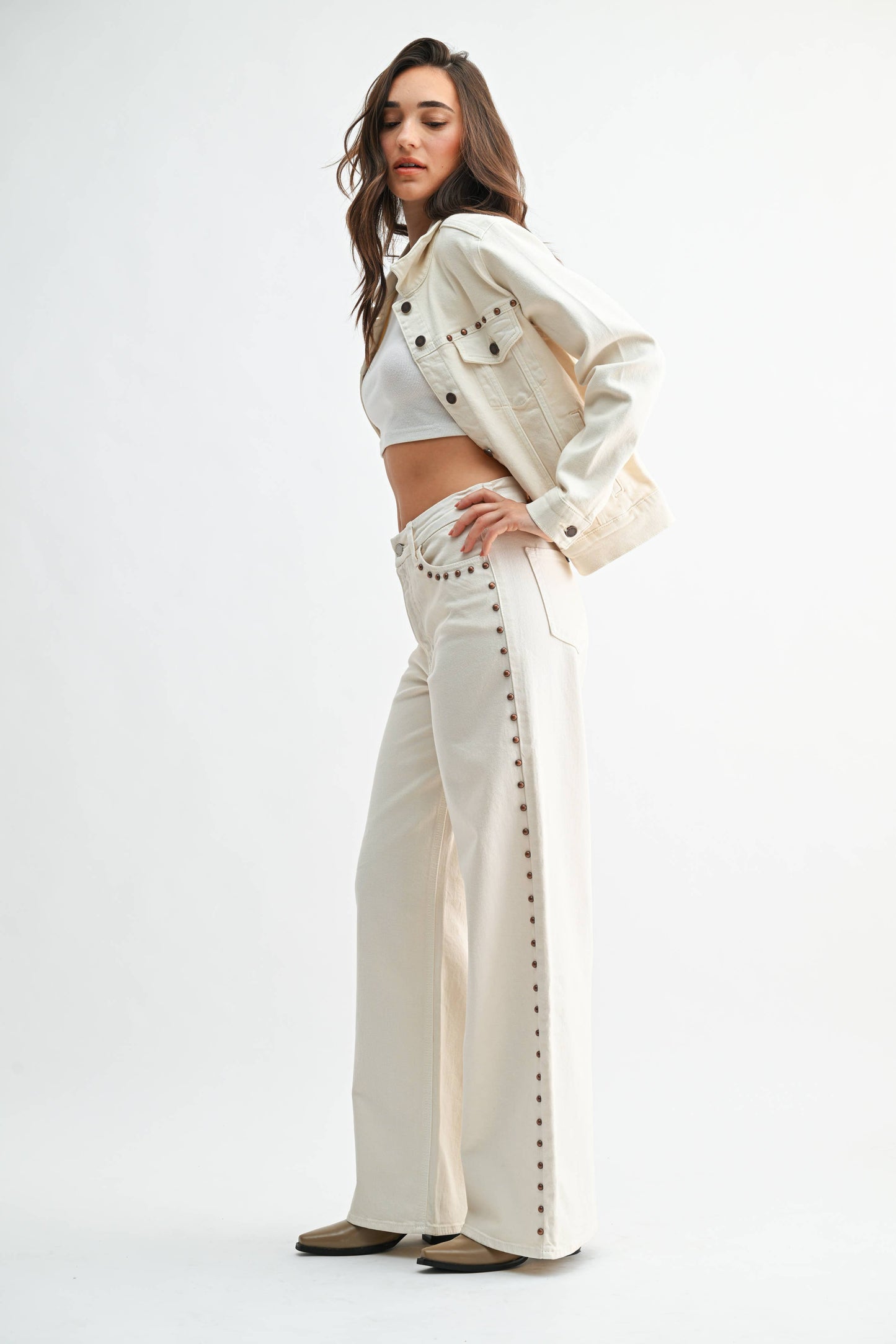 Cream studded palazzo denim