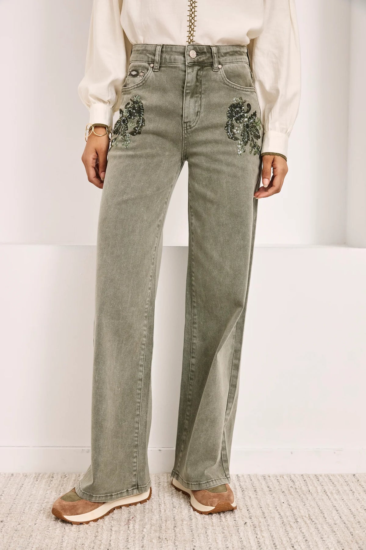 washed olive jeweled denim
