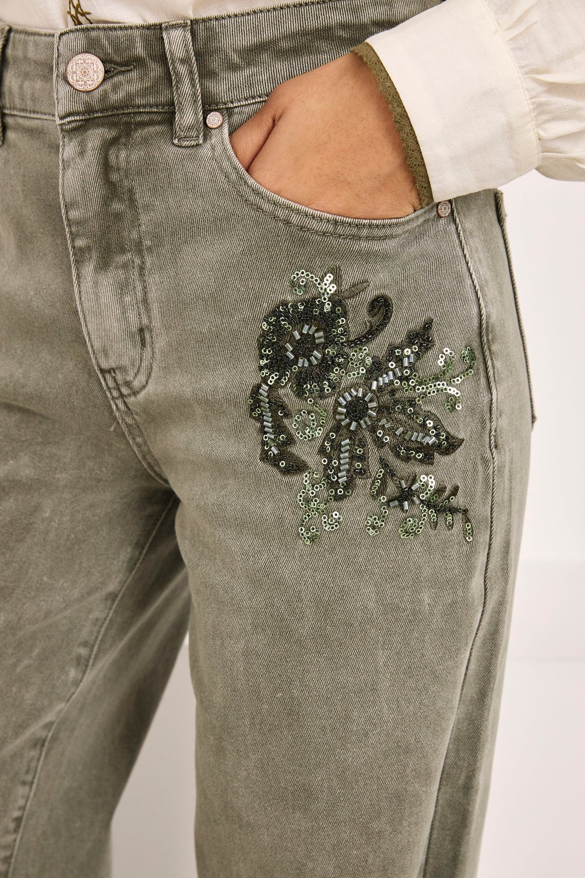 washed olive jeweled denim