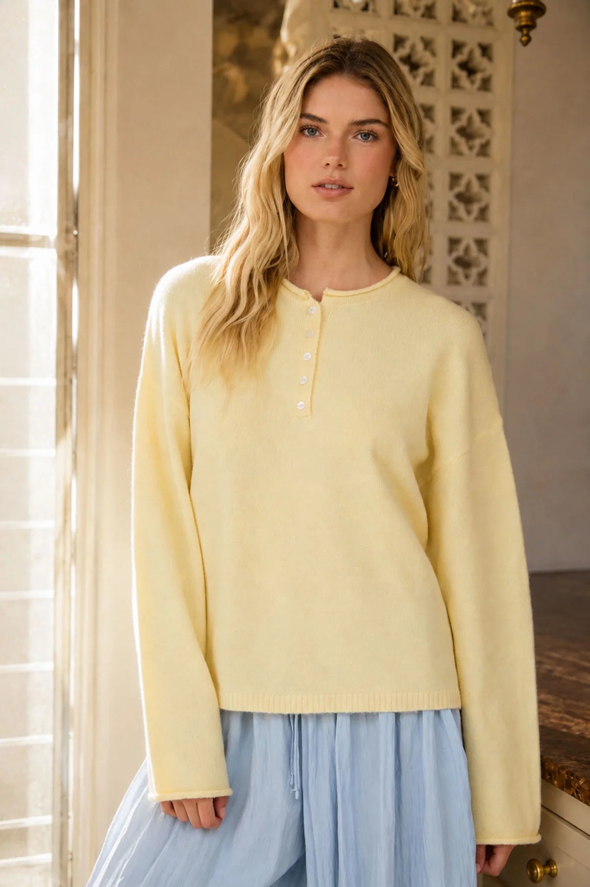 lemon rolled knit henley