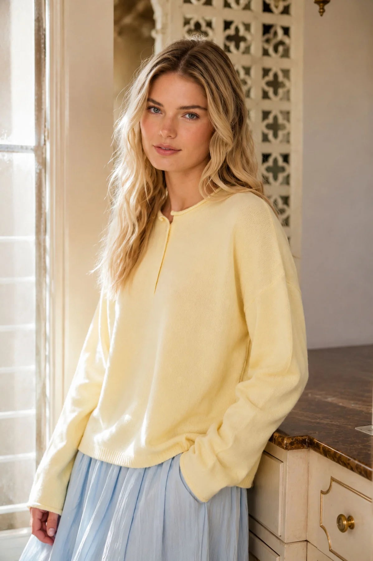 lemon rolled knit henley