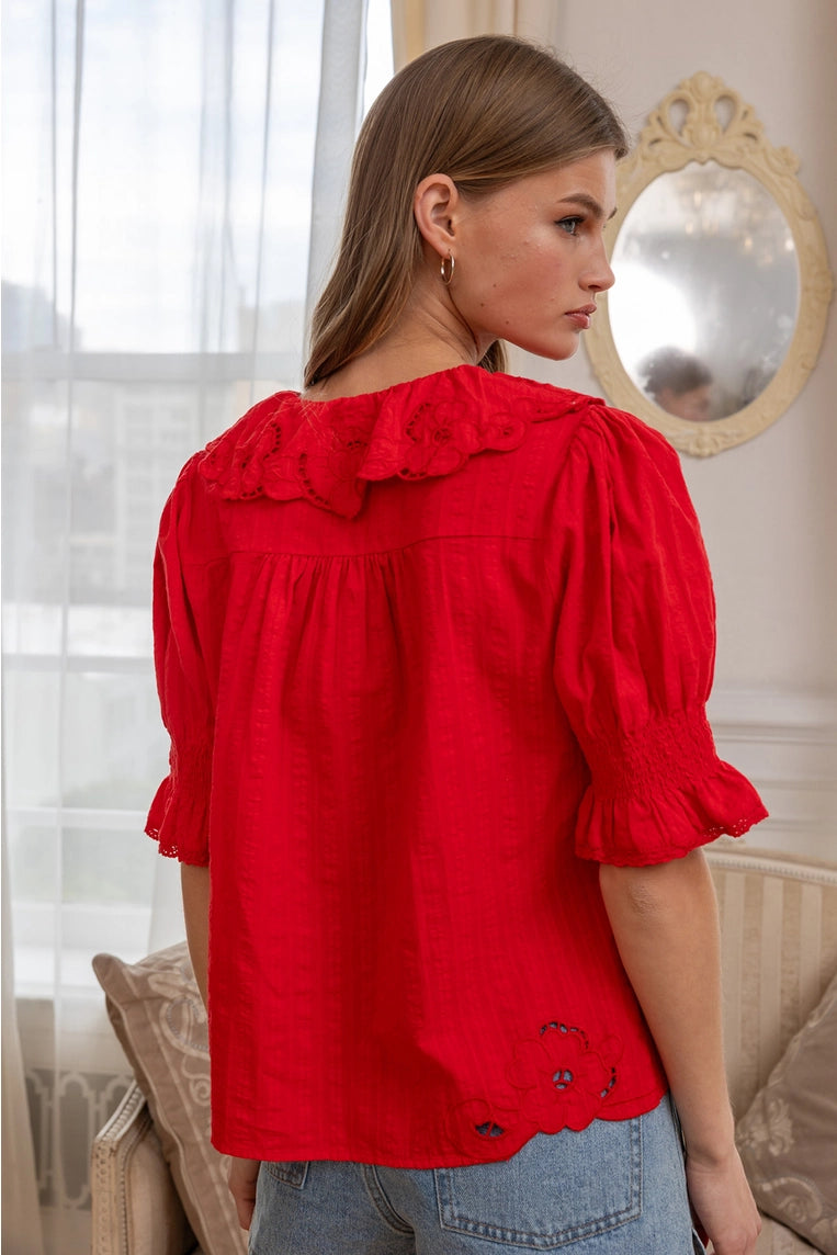 tomato red embroidered blouse