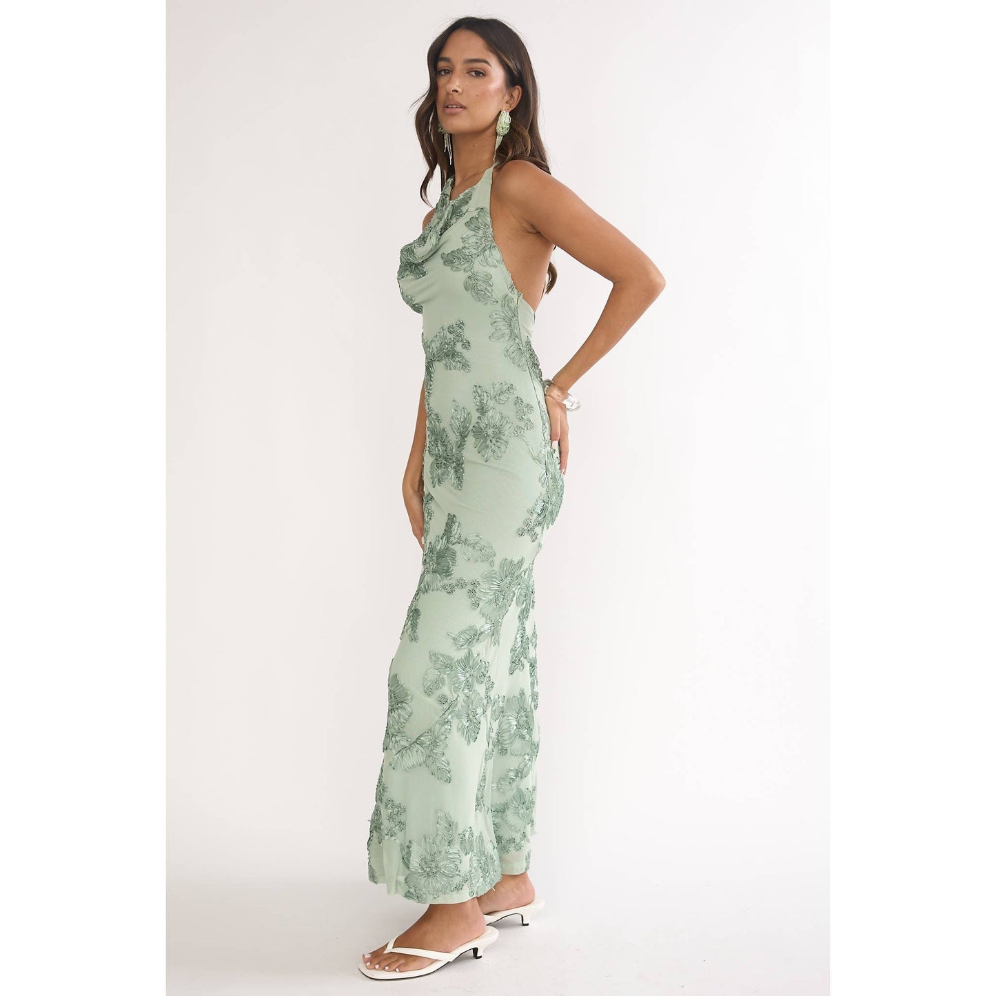 Aqua green floral embroidered maxi
