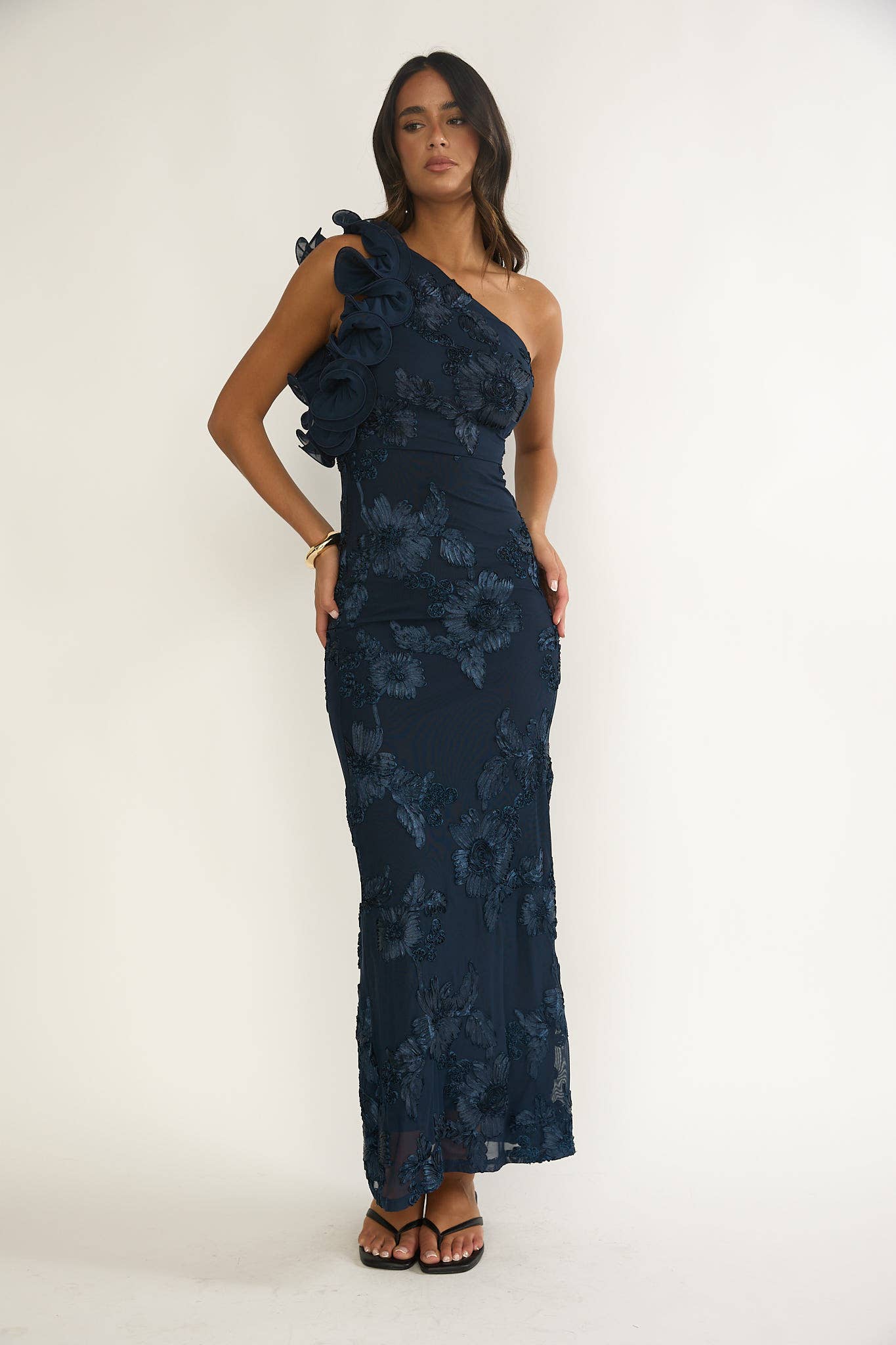 navy one shoulder floral maxi