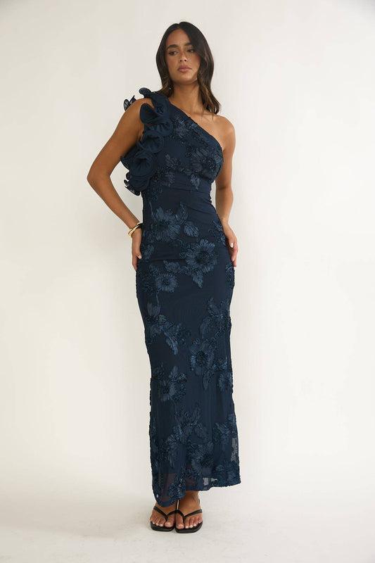 navy one shoulder floral maxi