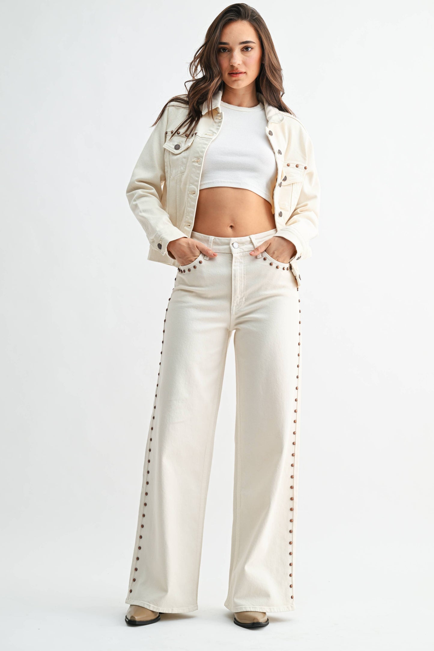 Cream studded palazzo denim