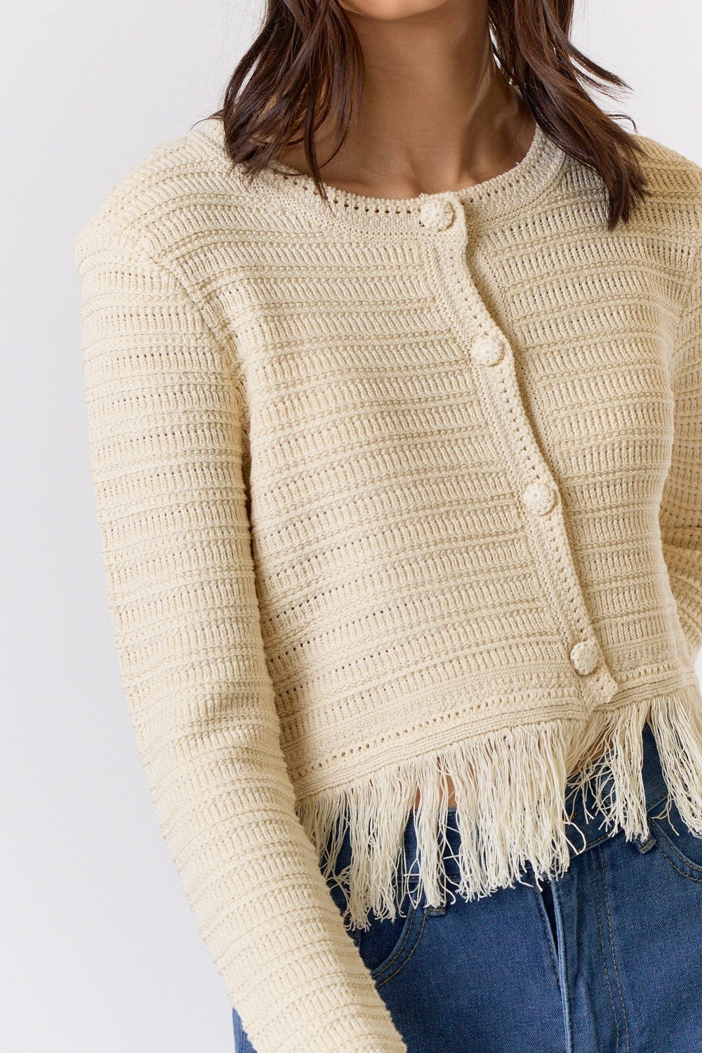 fringe cream knit cardi